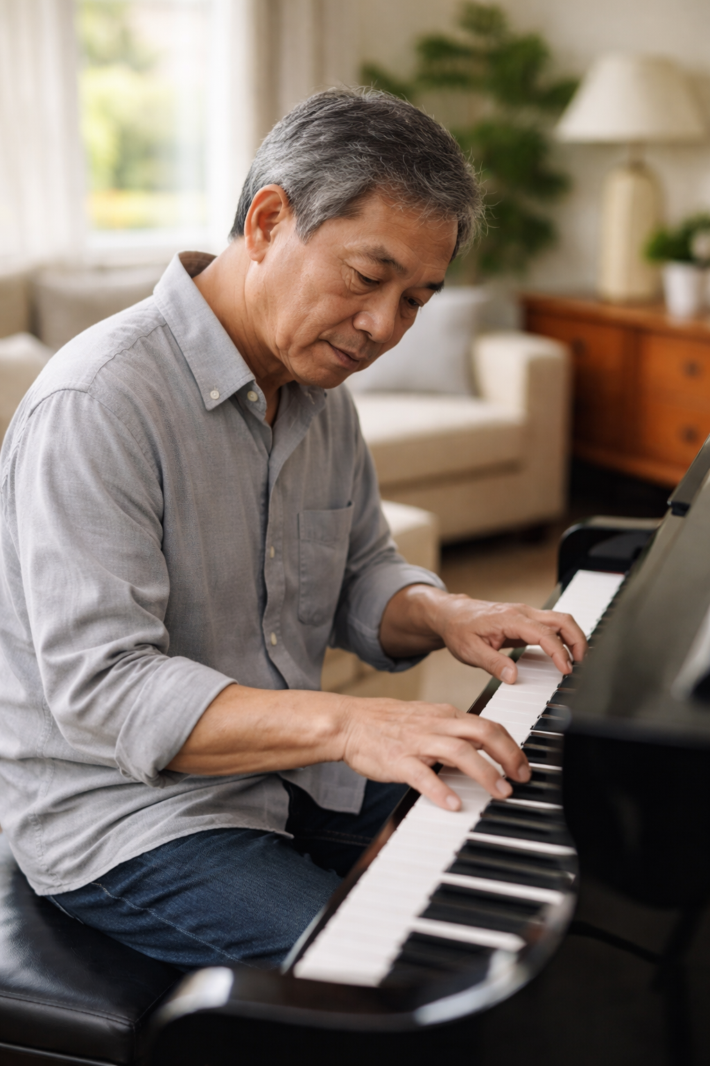 Musician focused while playing keyboard