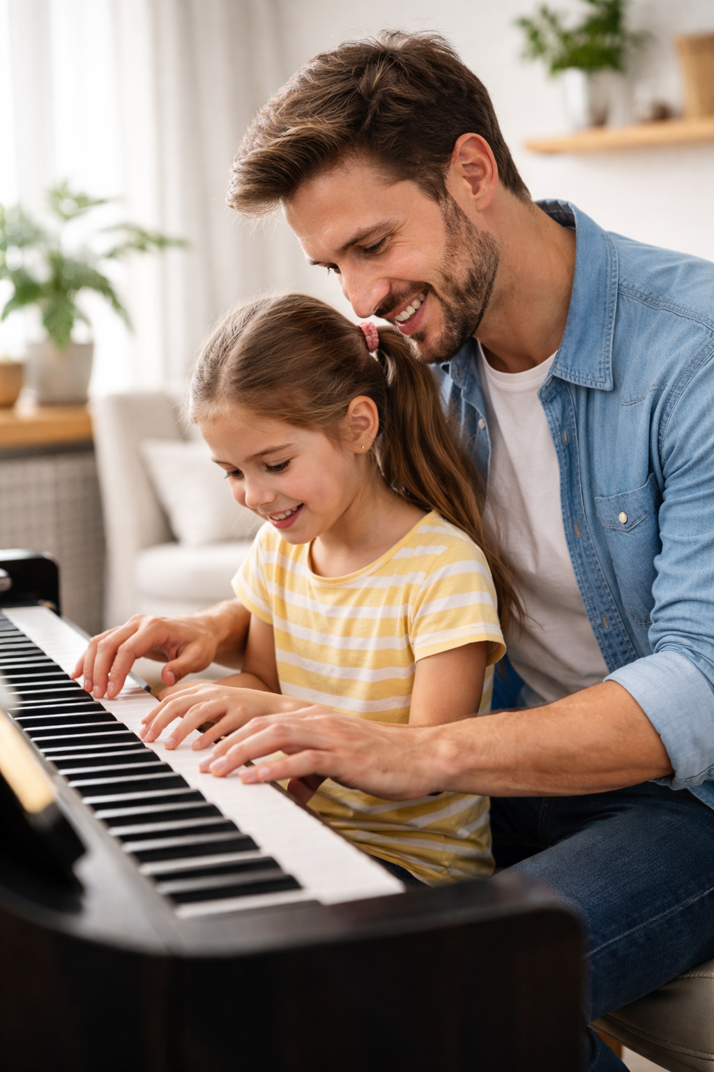 Father and daughter at a piano lesson