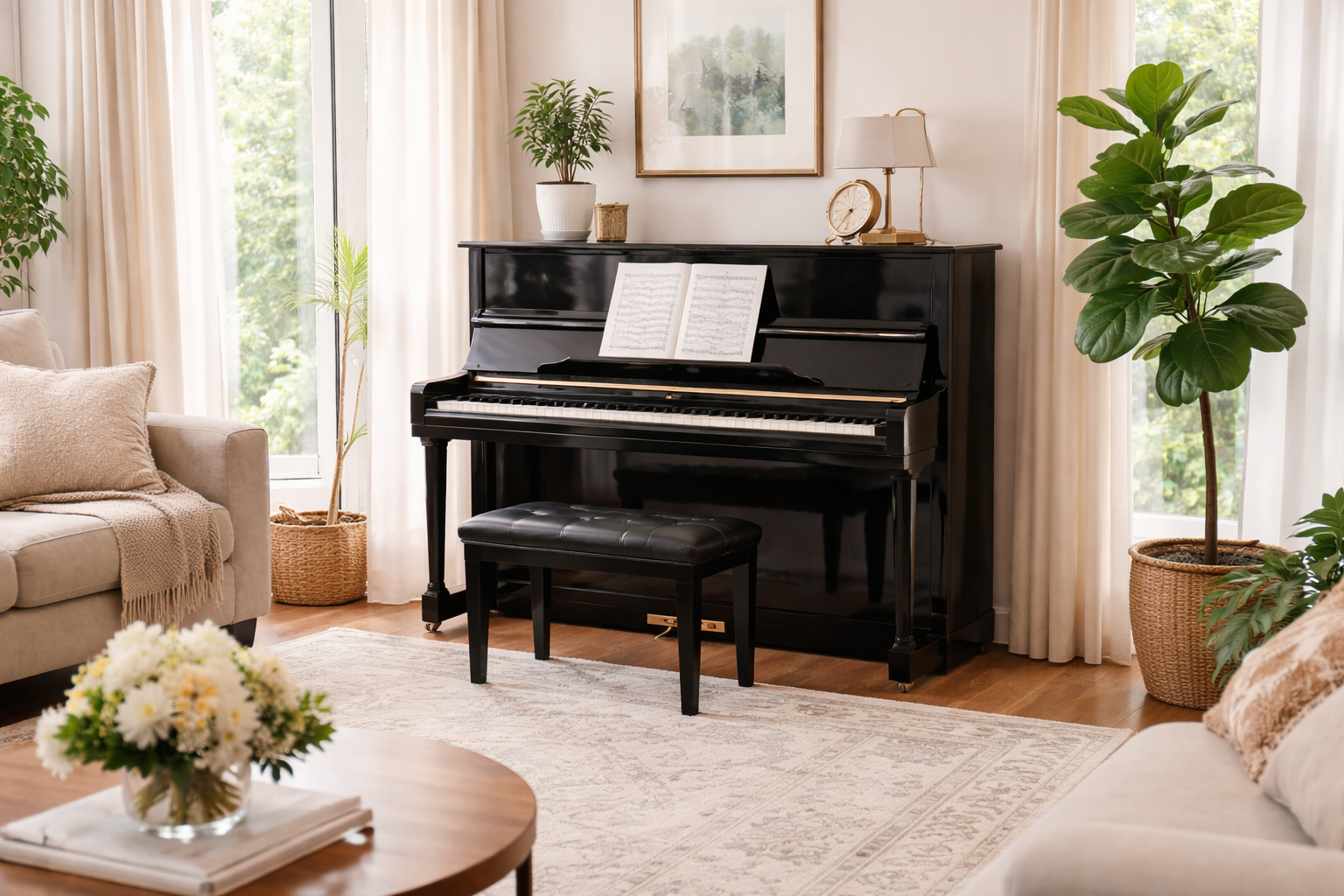 Beautiful piano in a clean living room